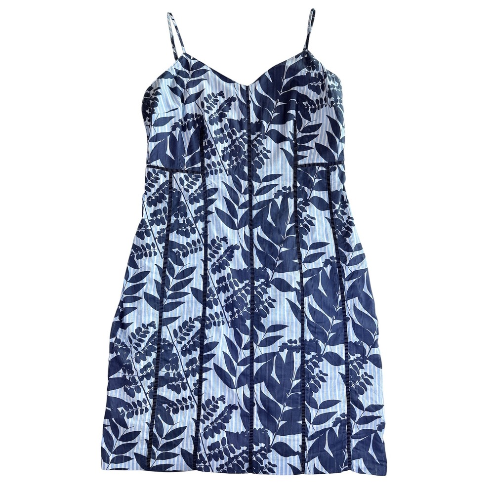 Banana Republic Strappy Aline Dress Women 8 Petite Navy Leaf Print Cotton